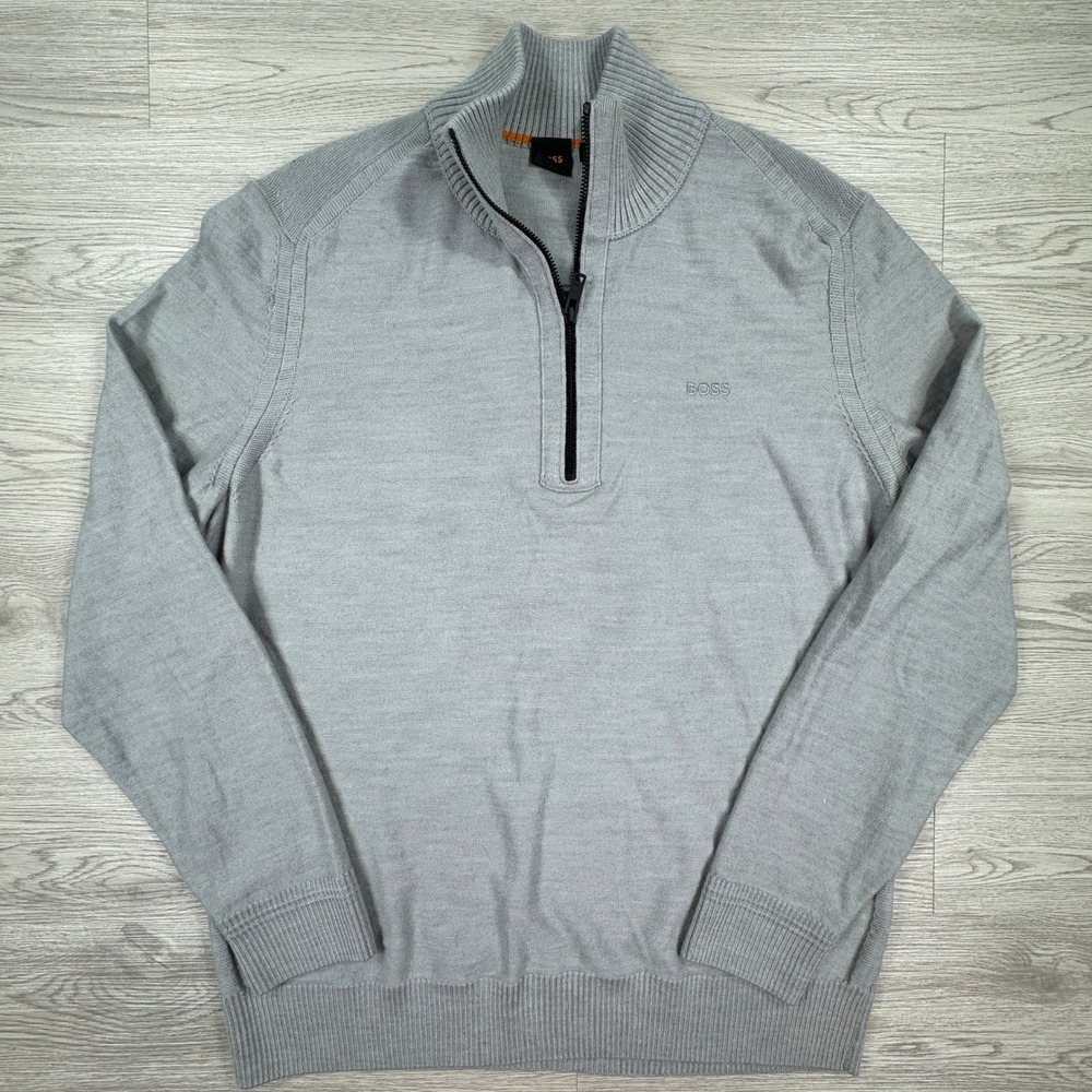 Hugo Boss Men's 1/4 Zip Sweater Gray XXL Virgin Wool Blend Knit Pullover Modern